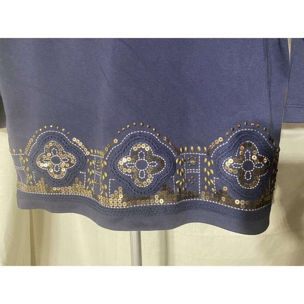 Alfred Dunner Navy Blue Knit Top Sequin Gold Embroidered 3/4 Sleeve Medium - Picture 3 of 6